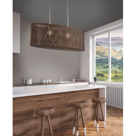Podłużna ciemnobrązowa lampa wisząca Sendero z drewnianym abażurem idealna nad stół do jadalni kuchni salonu