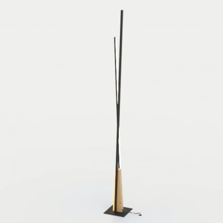 Nowoczesna pionowa lampa podłogowa Panagria drewno z czarnym metalem 2 smukłe wąskie klosze