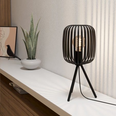 Metalowa lampa stołowa na 3 nogach Romazzina czarna klosz z metalowych pasków