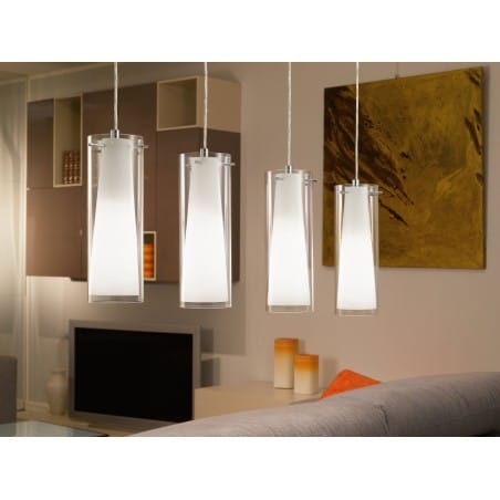 4 punktowa lampa zwisowa Pinto metal chrom klosz podwójny wewnątrz opal na zewnątrz bezbarwny do salonu sypialni jadalni
