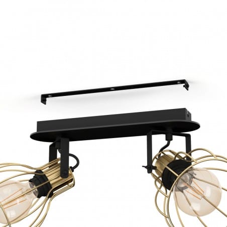 Lampa sufitowa Sambatello metal drewno 2 druciane mosiężne klosze czarny mosiądz