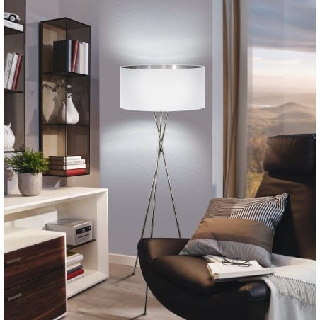 Fondachelli lampa podłogowa w nowoczesnym stylu abażur biały wewnątrz srebrny metalowy trójnóg do salonu sypialni