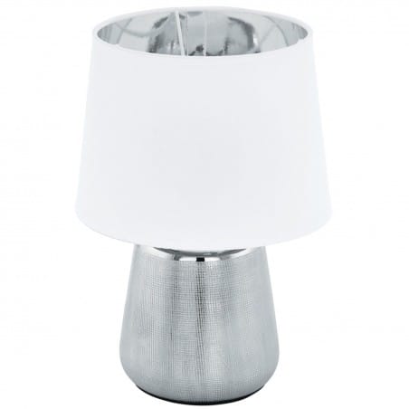 Oświetlenie nocne do sypialni lampa Manalba1 materiałowy biały abażur srebrny metal