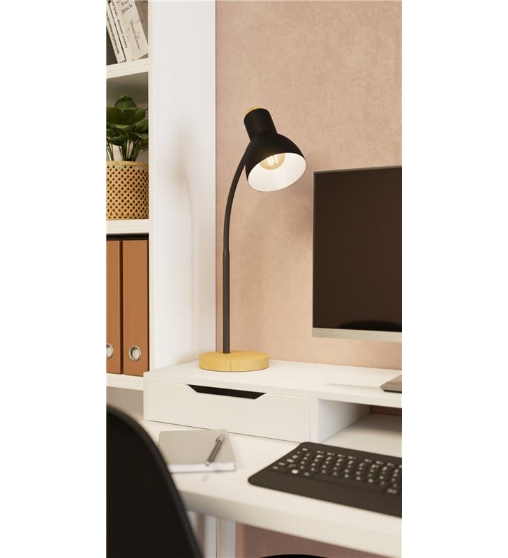 Lampa biurkowa Veradal czarna z drewnem włącznik na przewodzie 1xE27 styl skandynawski