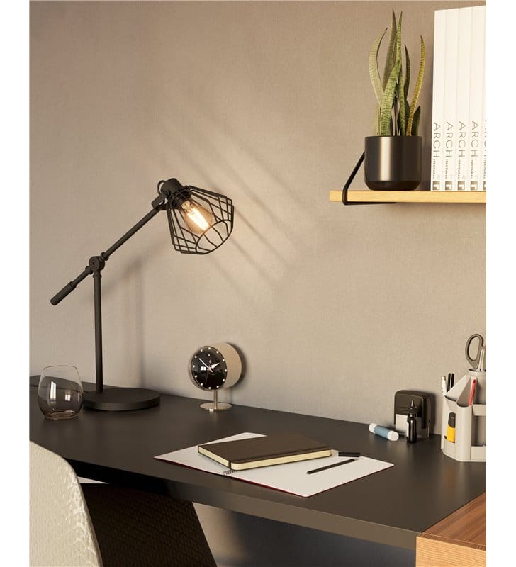 Lampa na biurko Tabillano1 czarna styl vintage druciany klosz regulowana metalowa