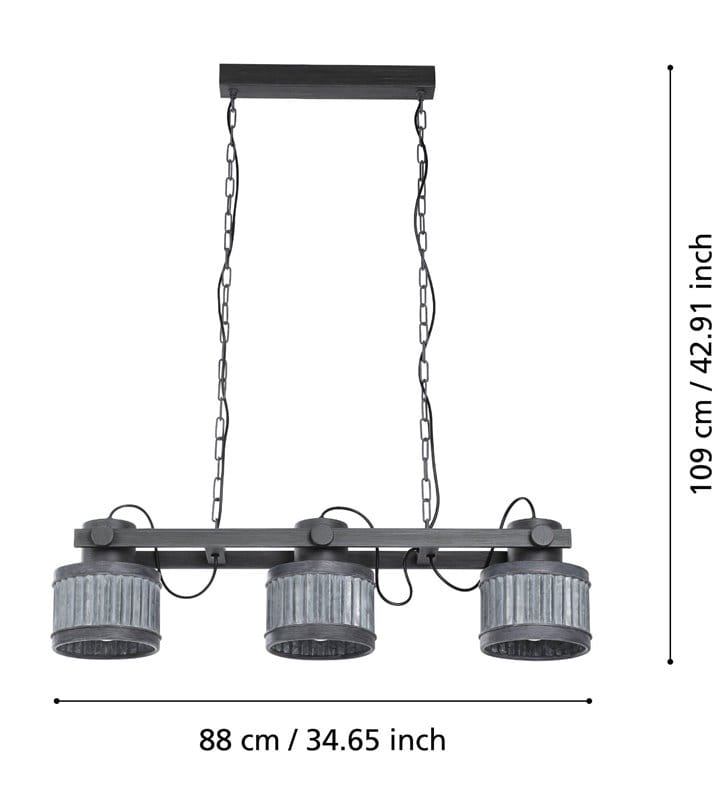 Turrock industrialna masywna 3 pkt lampa wisząca na łańcuchach nad stół czarna z szarym wykończeniem kloszy