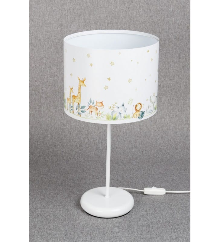 Dziecięca biała lampa stołowa Bello abażur nadruk zwierzątka