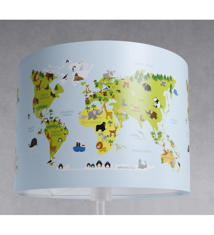 Lampa podłogowa Mapa Świata biała podstawa abażur mapa świata ze zwierzętami