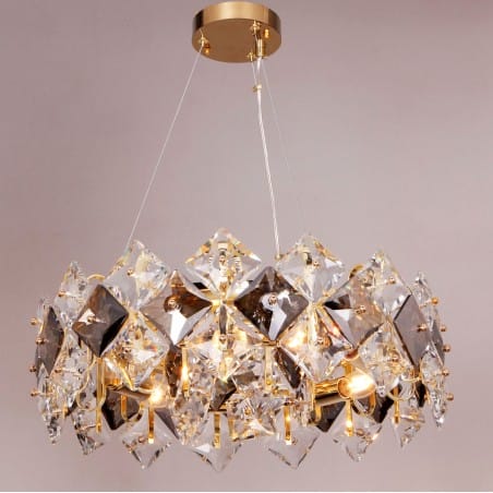 Szklana lampa wisząca Tiara w stylu glamour bezbarwne i dymione szkło złote wykończenie